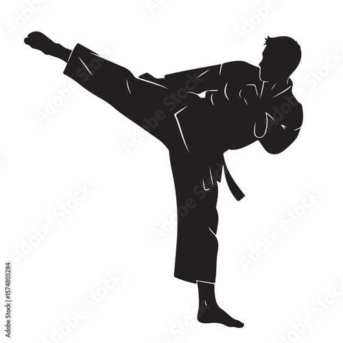 Silhouette of a martial artist performing a high kick, vector illustration.