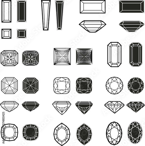 Set of polished diamond and gemstone cuts in various shapes, showcasing different facets and angles, ideal for jewelry design and gemology.
