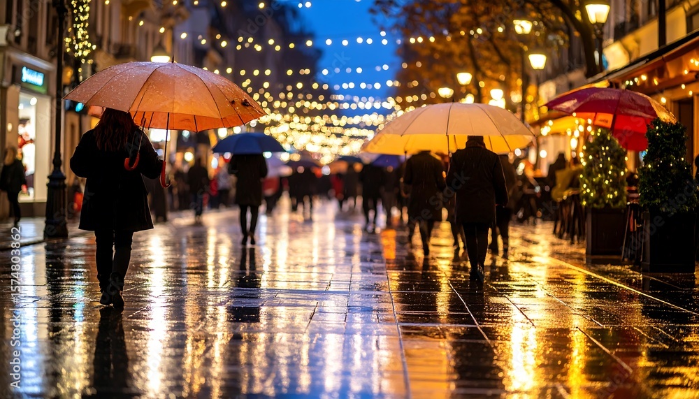 Obraz premium Rainy night, city street, people with umbrellas