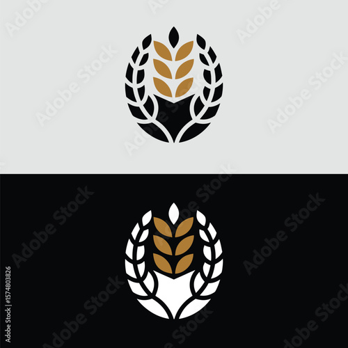 A minimalist wheat wreath logo design showcases a golden grain encircled by a black laurel, symbolizing harvest and agriculture