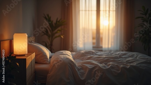 Cozy Sunrise Bedroom with Soft Lighting and Neutral Tones