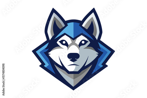 Blue and gray cartoon husky head presents a serious expression in a illustration