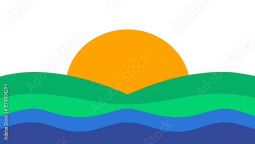 Stylized abstract landscape with rolling green hills and blue waves under a bright orange sun