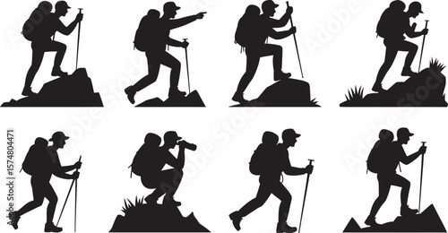 Silhouette Set of Hikers with Backpacks and Trekking Poles – Hiking and Adventure Vector Icons