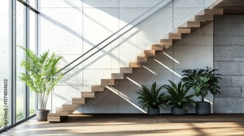 Modern staircase with potted plants near window in living room promoting wellness