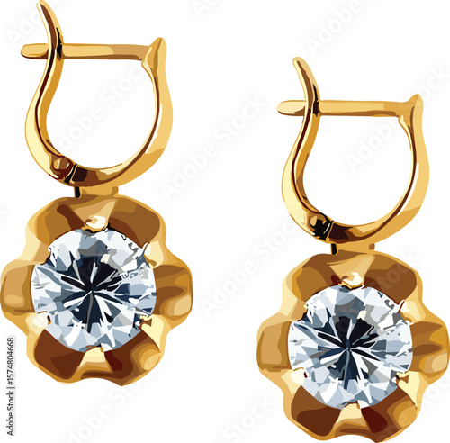 Exquisite pair of gold and diamond dangle earrings with secure lever-back clasps, ideal for luxury jewelry, fashion, and special occasion themes.