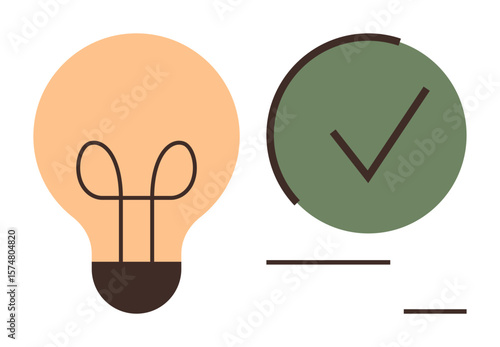 Lightbulb alongside checkmark enclosed in circle representing creative solutions, goal achievement, and problem-solving. Ideal for innovation, success, creativity, decision-making, strategy