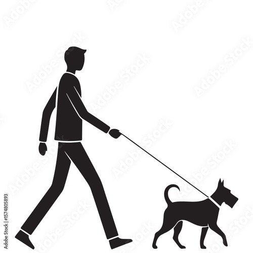 Person walking a dog on leash, black and white illustration