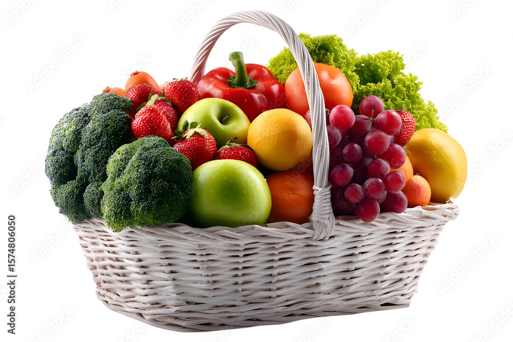 Grocery basket with mixed fruits and vegetables placed on a white background promoting healthy lifestyle and nutritious food habits Grocery basket with mixed fruits and vegetables placed on a white background promoting healthy lifestyle and nutritious food habits