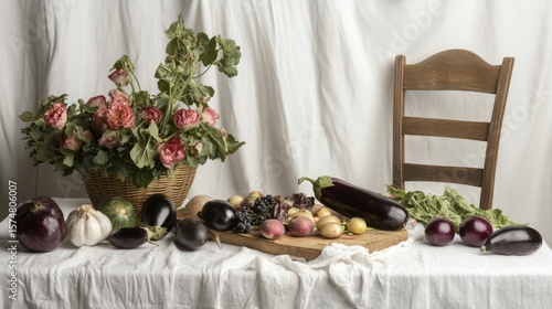 Still life Vegetables and flowers on table, interior setting, home decoration use