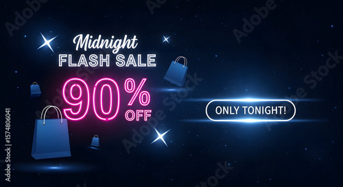 A neon-lit, dark banner advertising a midnight flash sale with a 90% discount.