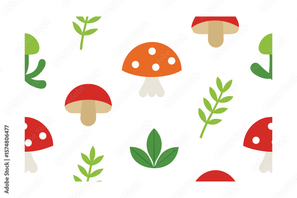 Fototapeta premium Seamless Icon Set Of Mushrooms And Herbs On White