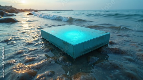 Glowing Turquoise Box on Coastal Rocks at Sunrise