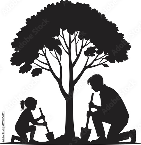 Father and daughter planting tree