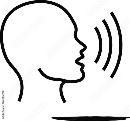 Minimalist outline icon of a human head speaking with sound waves, simple black communication symbol for voice assistant interface