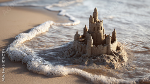 sandcastle and ocean waves on sunny beach — ideal for summer vacation brochures, children’s storybook illustrations, beach-themed designs, or concept visuals about impermanence