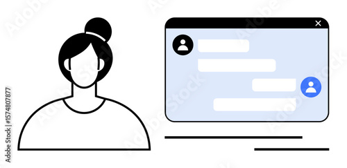 Female user communicating through a digital messaging app on a browser window. Ideal for communication, teamwork, online support, networking, customer service, remote collaboration, simple landing