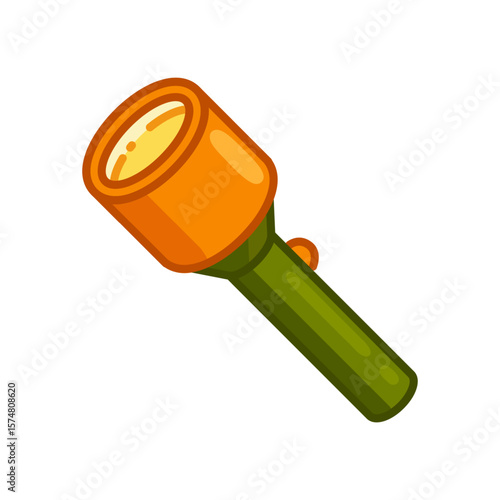 Camping Flashlight Cartoon Illustration. Bright orange and green handheld flashlight in flat cartoon style. Simple isolated design on white background for camping and outdoor themes.