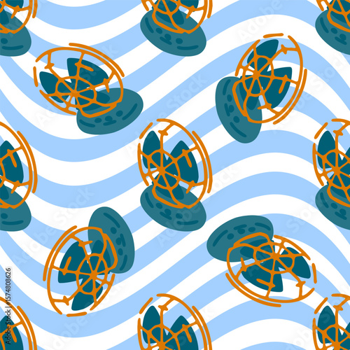 Seamless Cartoon Desk Fan Pattern. Retro-style desk fans with orange cages and blue blades repeating over wavy light blue and white background. Flat cartoon pattern with a cool summer breeze vibe. 