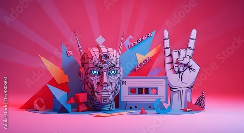 Retro-Futuristic Rock and Roll Robot Head with Cassette Tape, Vibrant 80s-Inspired Robot Rock Concert Scene with Geometric Shapes and Cassette Tapes