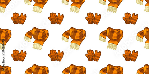 Seamless Winter Gloves Scarf Pattern. Orange striped gloves and matching cozy scarves repeating on a white background. Flat cartoon style winter pattern with warm seasonal vibes.