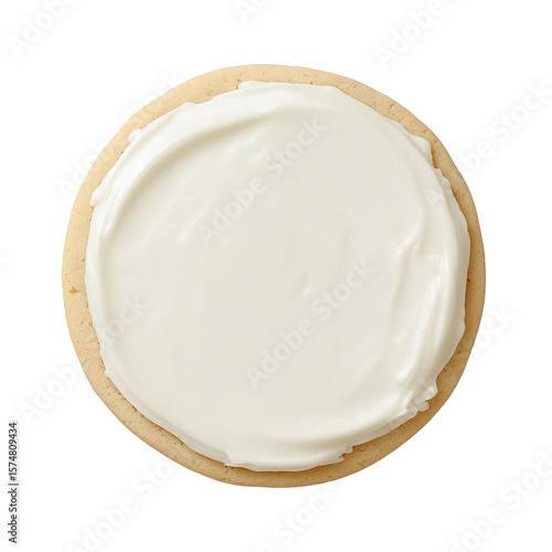Round sugar cookie with white frosting on transparent background