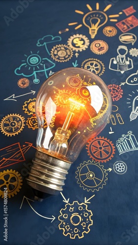 Illuminated incandescent bulb; gears, innovative ideas, strategic planning, business solutions, creative process, brainstorming concept.