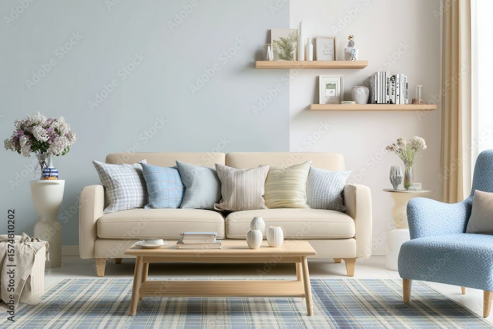 custom made wallpaper toronto digitalModern Scandinavian living room featuring a cozy beige sofa and a serene blue pastel color palette perfect for relaxation and style