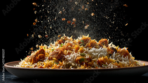 Close up shot of chicken biryani on a plate with spices falling against a dark background studio shot