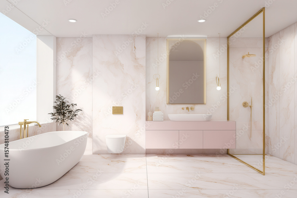 Fototapeta premium Modern minimalist bathroom oasis with freestanding bathtub and elegant accent details