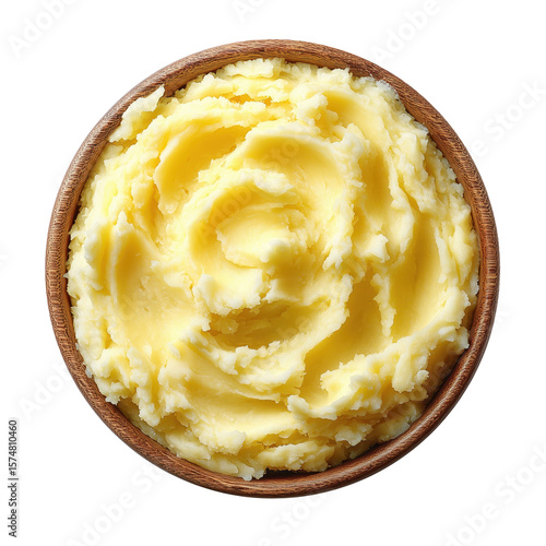 Creamy mashed potatoes served in wooden bowl on transparent background