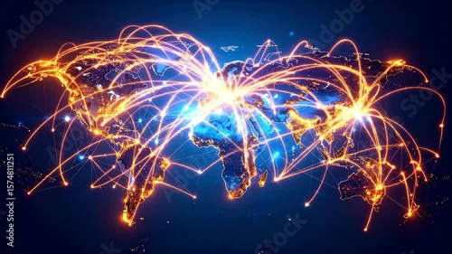 Blue world map with glowing orange network lines connecting continents and radiating energy