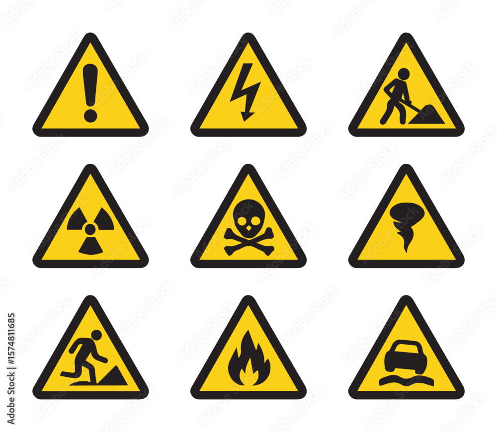 Set of 9 Warning Icons for Hazard, Danger, Construction, Radiation, Fire Set of 9 Warning Icons for Hazard, Danger, Construction, Radiation, Fire