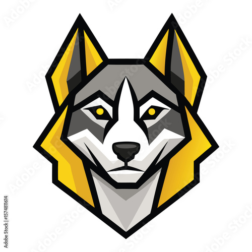 Geometric wolf head with gray fur, yellow ears, and glowing eyes looks forward