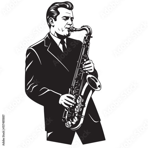Black and white illustration of a man playing a saxophone