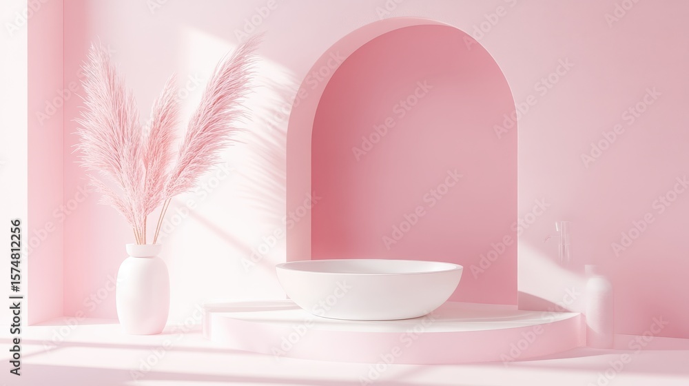 Pink archway display with decorative grass and bowl. Pink archway display with decorative grass and bowl.