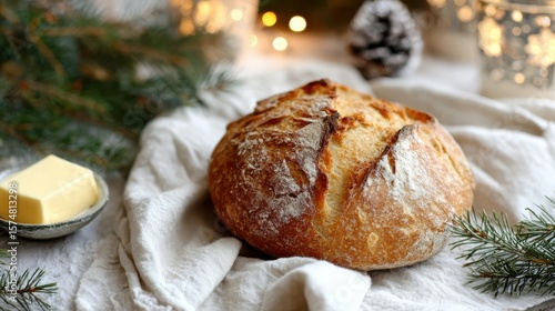 Freshly baked loaf of crusty bread with butter on christmas table setting