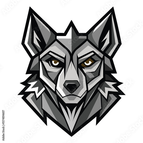 Geometric grey wolf with bright brown eyes stares intently at the viewer now