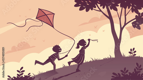 Silhouette illustration of two children joyfully flying a kite on a gently sloping hill at sunset, peaceful pastoral scene, whimsical vector art, warm color palette, carefree mood.