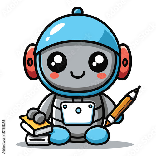 Cute robot holding books and pencil