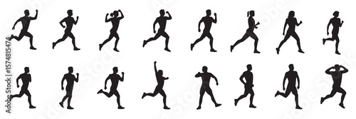 Silhouetted Runners in Varied Poses Dynamic Motion Study of Running Figures Capturing Different Stages and Styles of Movement