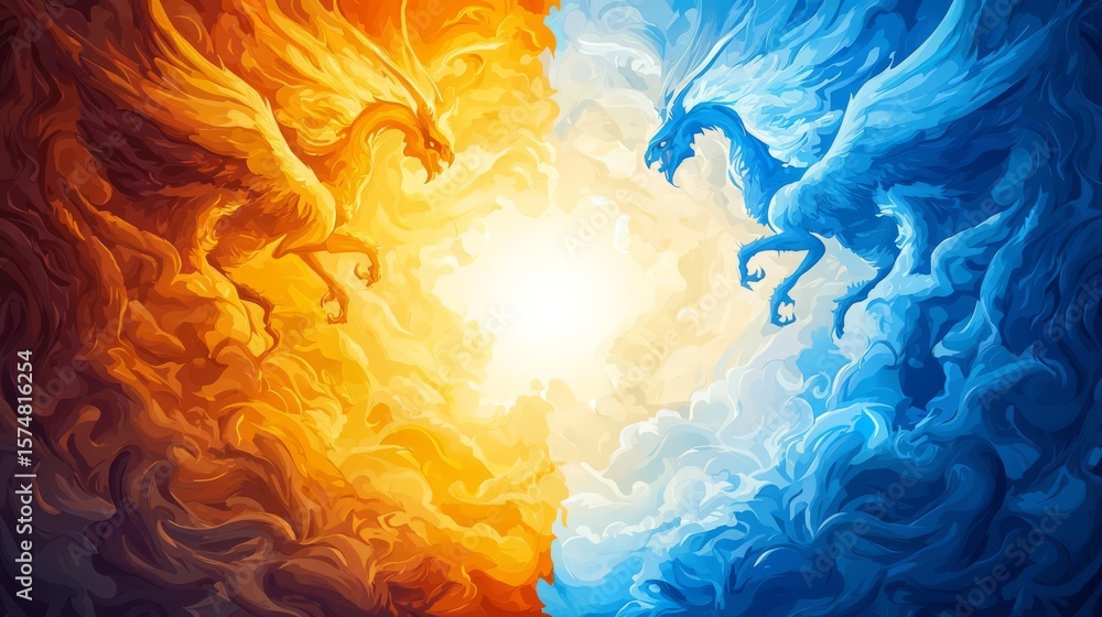 Obraz premium A vibrant battle between two dragons symbolizing chaos and harmony amidst vivid clouds and radiant light.