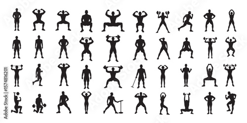 Collection of Diverse Fitness Silhouettes Featuring Weightlifting, Stretching, and Bodyweight Exercises for Gym, Sports, and Health Promotion