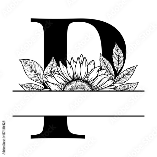 Sunflower split monogram design, alphabet letter P decorated with floral illustration. Perfect for personalized gifts, farmhouse decor, wedding initials, laser cut file, family sign, and DIY crafts.