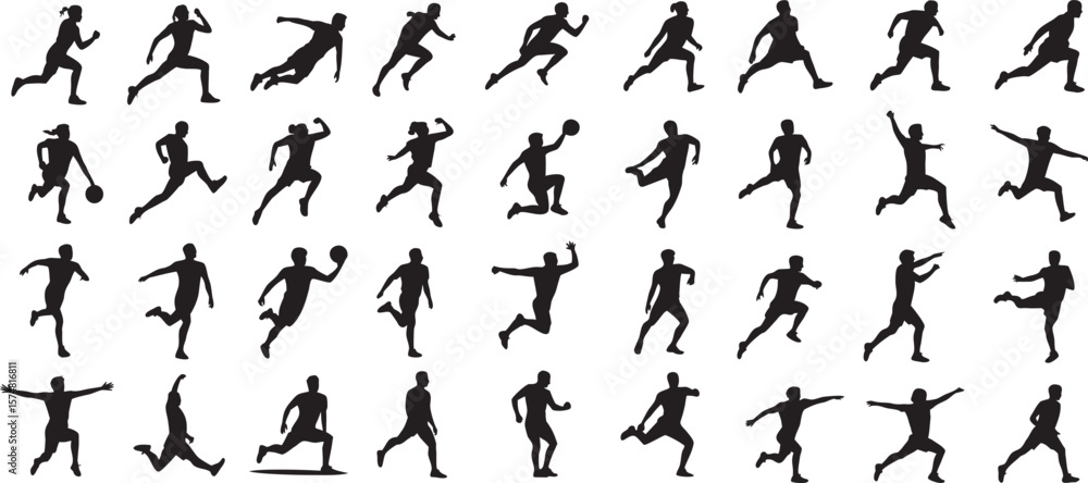 Naklejka premium Silhouetted Athletes in Dynamic Action An Array of Runners Jumpers and Basketball Players Showcasing Sports and Physical Activity