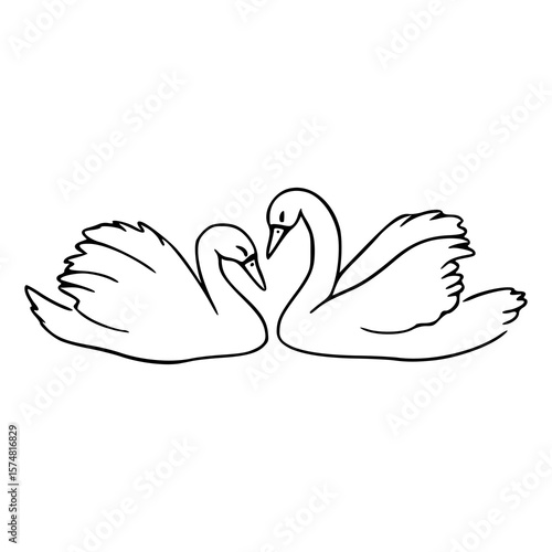 a line art drawing of a couple of swan
