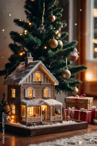 Wallpaper Mural Beautiful Christmas tree with light toys and lights, under it as a Christmas a toy house, clear professional stock photo Torontodigital.ca