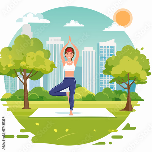women participating in outdoor yoga session in green city park
