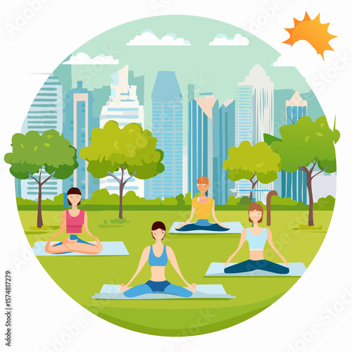 women participating in outdoor yoga session in green city park