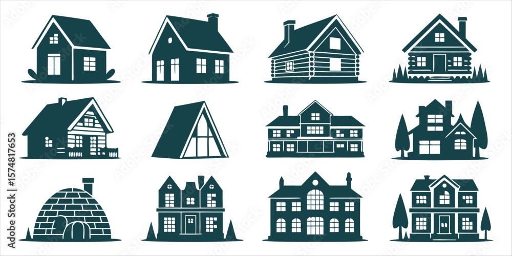 Fototapeta premium Diverse Collection of House Icons Showing Various Architectural Styles and Designs in Simple Vector Graphics Format on a White Background